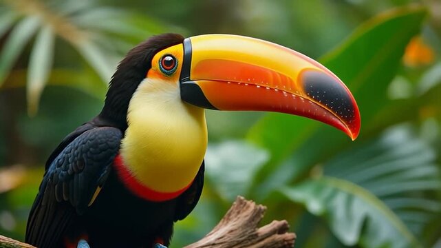 Close-up of a vibrant toucan with a large colorful beak perched on a branch in a lush tropical rainforest.