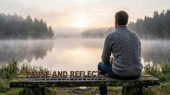 A contemplating man on a bench by a foggy lake at sunrise with wooden letters that spell pause and reflect
