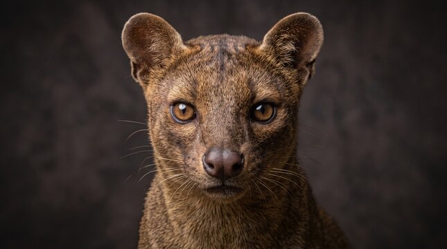 Close-up of a fossa's face looking at the camera (Cryptoprocta ferox)