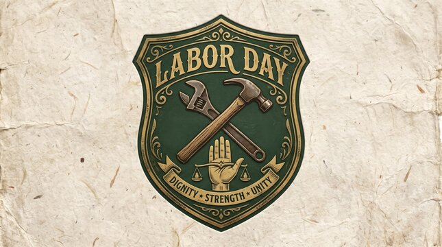 Labor Day vintage emblem label with crossed hammer wrench and star badge for American worker celebration background concept