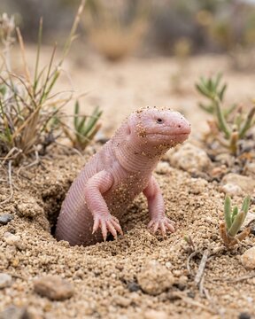 Close-up of the Mexican Mole Lizard (Bipes biporus) emerging from the sand.
