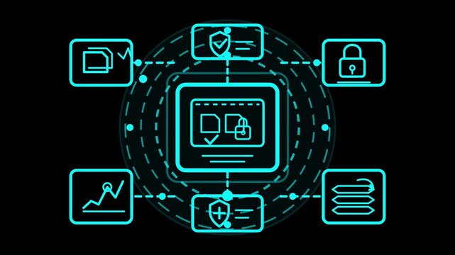 Futuristic neon cyan cyber security HUD interface with data protection, encryption padlock, document shielding, and cloud network technology icons