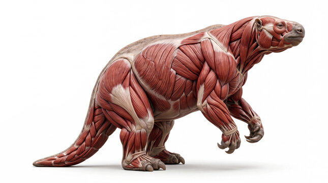 Megatherium americanum muscular view, full-body prehistoric giant ground sloth shown in a powerful anatomical pose emphasizing its massive muscular structure, broad shoulders, thick neck, robust forel