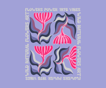 hand drawing Abstract flowers art illustration. tropical summer print  design. girl's graphic tee shirt design. brush line vector graphics. flowers power typography solan. 