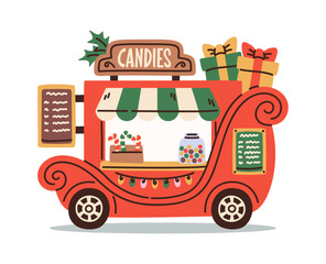 Naklejka premium Food Truck Selling Candy At Christmas Cartoon