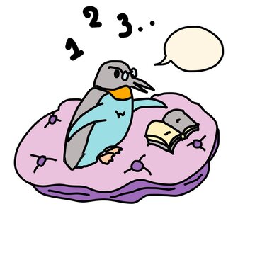 Adorable cartoon penguin studying math counting numbers one two three and reading a book on a purple cushion.