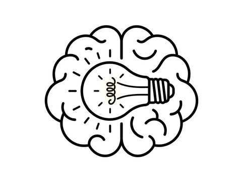 Lightbulb icon inside a brain illustration with thought lines