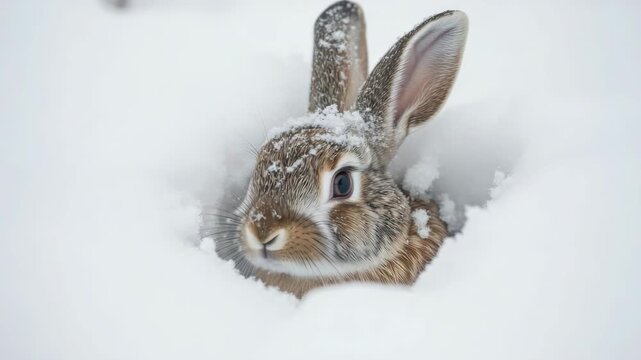 Close-up of a Wild Hare Peeking from Snow