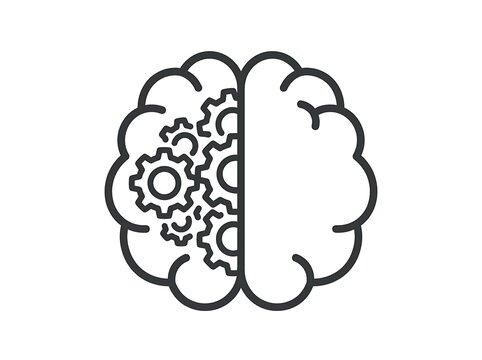 Brain half with gears illustration symbolizing technology and thought