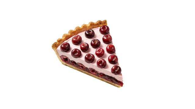 A single triangular slice of cherry tart with creamy pink filling and fresh red cherries on isolated on a transparent background