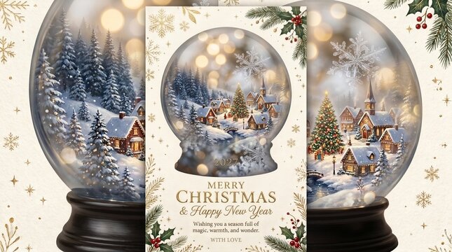Winter snow globe with Christmas village scene and seasonal decorations, Merry Chrismas card concept    