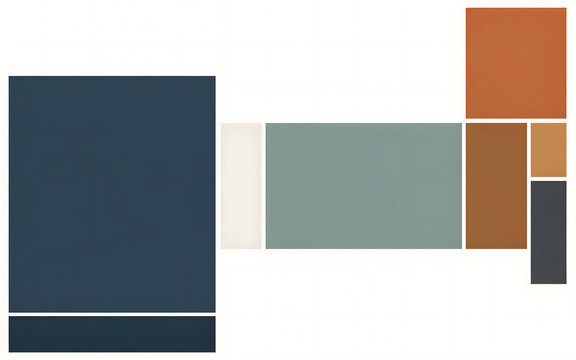 Geometric Color Blocks: A minimalist composition of rectangular and square color blocks in various sizes and earthy tones, arranged in an abstract, dynamic layout.