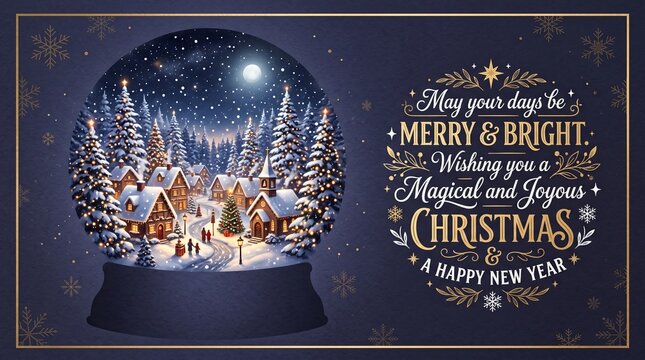 Snow globe with Christmas village and holiday greeting message, Merry Chrismas card concept   