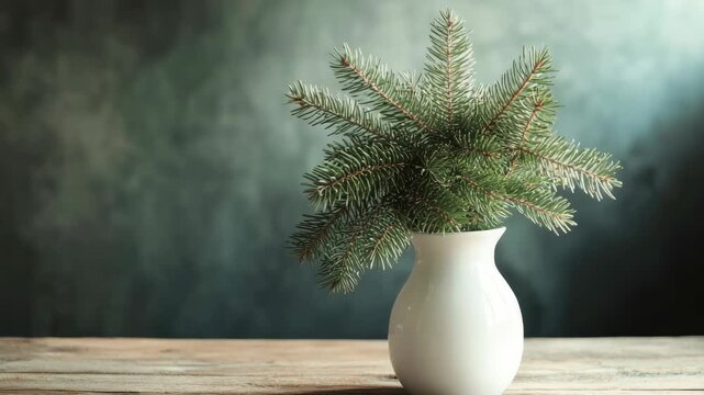 Spruce branches in a white ceramic vase on a rustic wooden surface