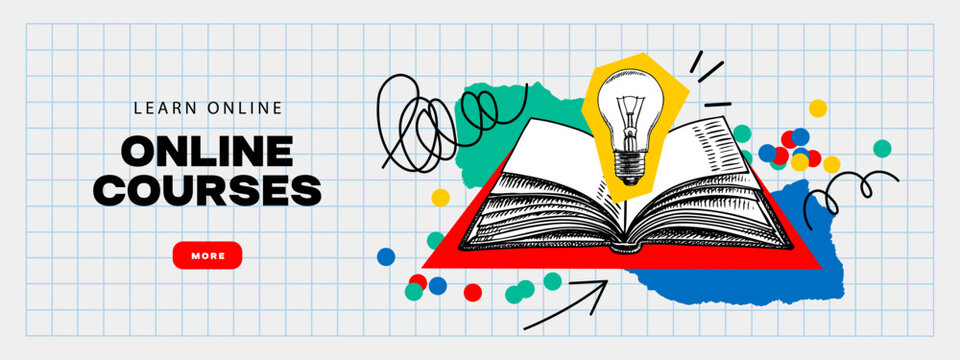 Collage of sketch book with doodle elements. Learning, personal growth, knowledge, education, online course concept. Bookstore and library design banner. Vintage hand drawn vector illustration.