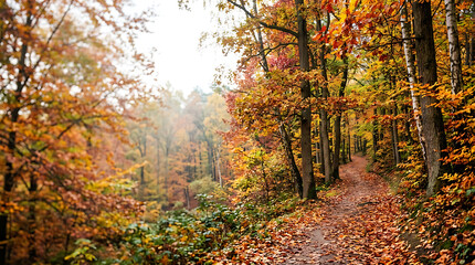 Fototapeta premium Beautiful Autumn Forest Path Surrounded by Colorful Yellow, Orange and Red Foliage in a Peaceful Park Landscape During October Season