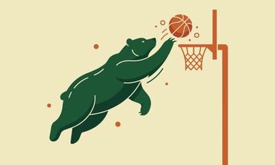 Dynamic vector illustration of a strong green bear jumping to dunk a basketball into a hoop on neutral beige background © Rajib