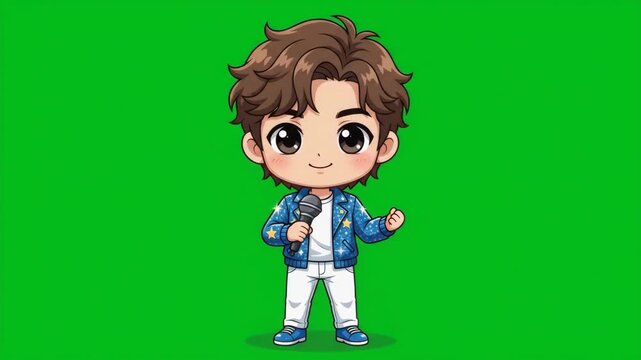 Cute chibi character of a male singer holding a microphone, performing on a green screen background.