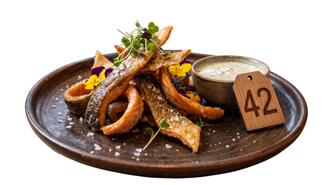 Crispy fried fish skins with creamy dipping sauce, gourmet seafood appetizer on ceramic plate, 42 numbered table tag