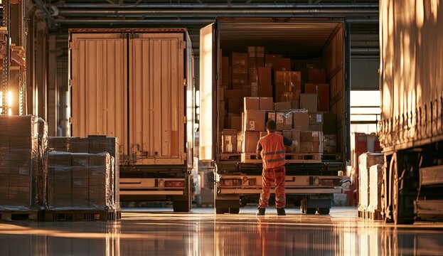 Warehouse worker supervises loading of goods into trucks at sunset