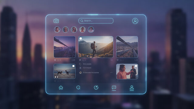 Abstract digital interface displays social media feed with images, search bar, notifications, and user profiles on city background.
