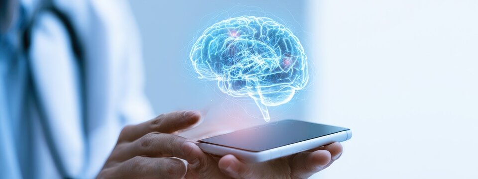 Person holding smartphone projecting holographic brain with glowing medical symbols
