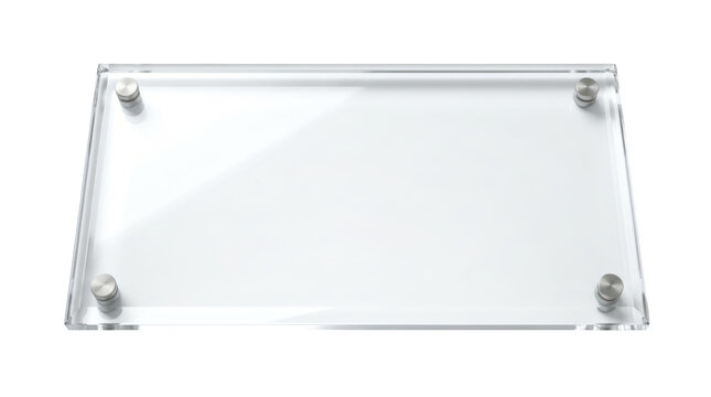 Clear acrylic sign board with metal standoffs isolated on transparent background