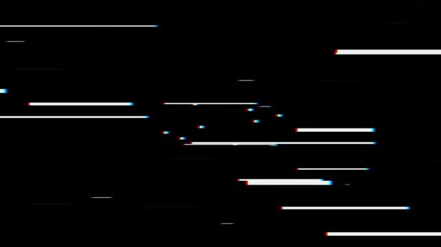 Abstract digital glitch effect with white horizontal lines and chromatic aberration on black background