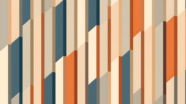 Geometric Harmony: A visually striking abstract composition featuring a seamless pattern of vertical rectangular elements in a palette of warm orange, calming blue, and neutral beige.