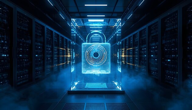 Futuristic digital padlock icon glowing inside a high-tech server room data center.