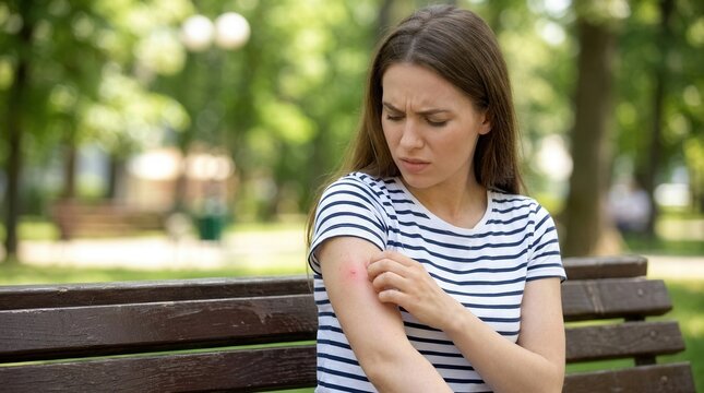 Feeling itch and discomfort in an outdoor park, a woman is scratching her arm after an insect bite and dealing with skin irritation