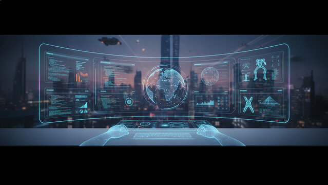Futuristic augmented reality interface displaying global data and futuristic city, showing innovation and technology.