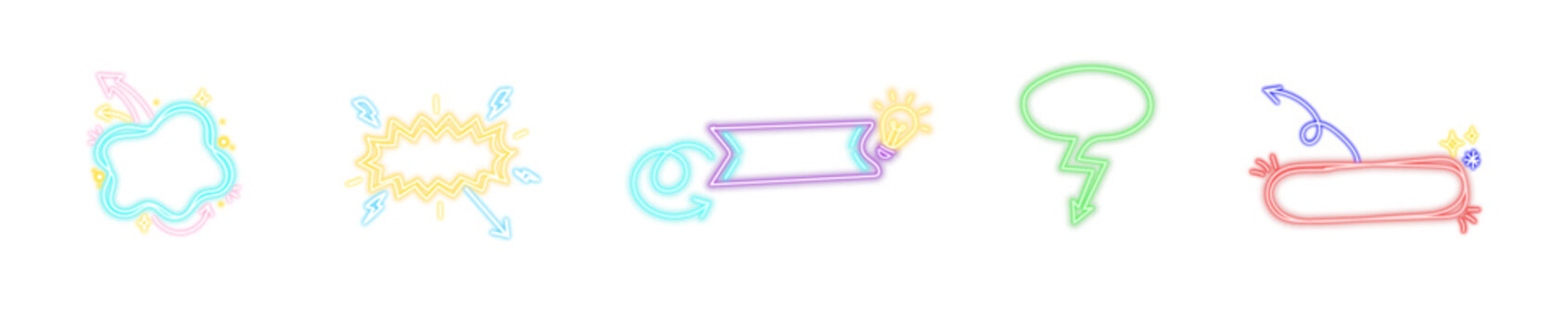 Neon callout title frames set with arrows light bulb and speech bubble isolated on transparent background, social media video overlay concept