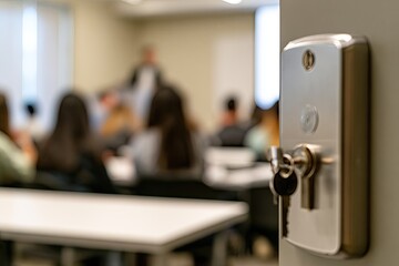 Naklejka premium Bright classroom with a door latch and keys in the foreground