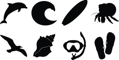 Obraz premium Silhouette vector icon collection of summer beach vacation and marine life featuring dolphin, surfboard, seagull, and snorkel mask.