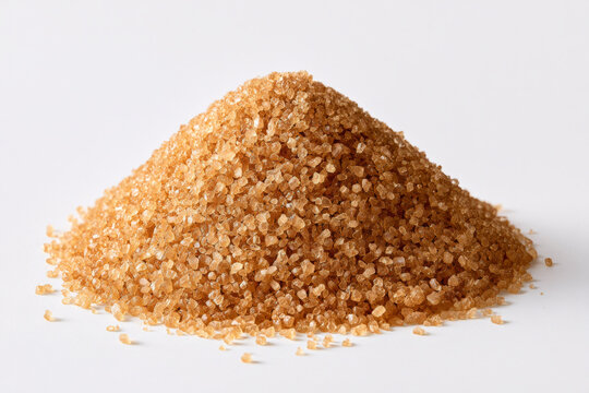 Pile of coarse raw brown sugar crystals isolated on white, natural sweetener, food ingredient, granular texture.