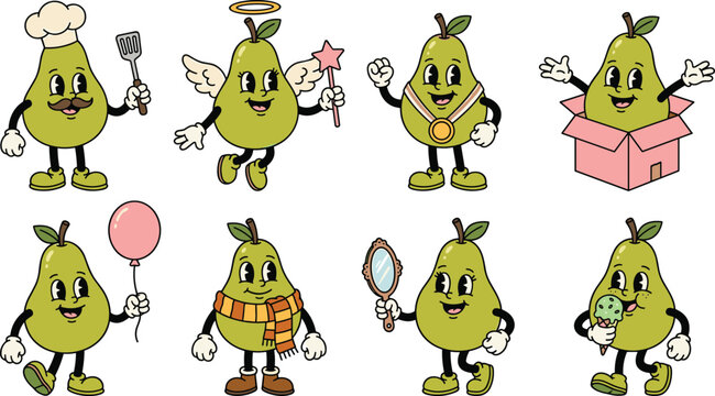 Retro rubber hose green pear character set featuring vintage cartoon fruit mascots baking flying with wings and eating ice cream vector