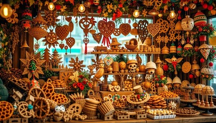 Fototapeta premium Traditional European Christmas Market Stall Display with Wooden Crafts Gingerbread and Festive Lights