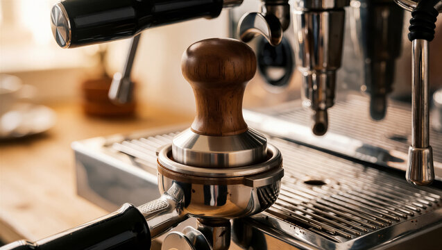 A professional espresso machine with portafilter and tamper, ready for fresh coffee brewing. Detailed shot highlights barista craft for quality beverage preparation