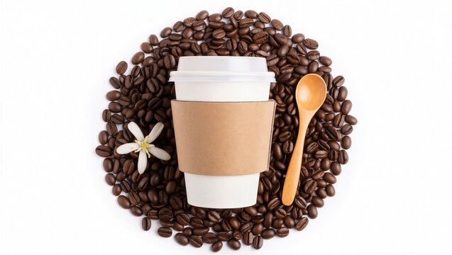 Paper coffee cup mockup with blank sleeve on roasted coffee beans. Top view of cup with wooden spoon and white flower on white background
