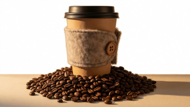 Paper coffee cup with a wool felt sleeve on a pile of roasted coffee beans. Cozy takeaway cup mockup against a clean background with warm light