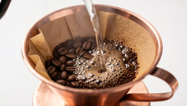 Close-up of hot water pouring over fresh coffee bean in a copper dripper. Delicious pour over coffee brewing process with paper filter