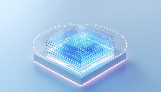 Futuristic digital data stack with glowing holographic layers for AI document management.