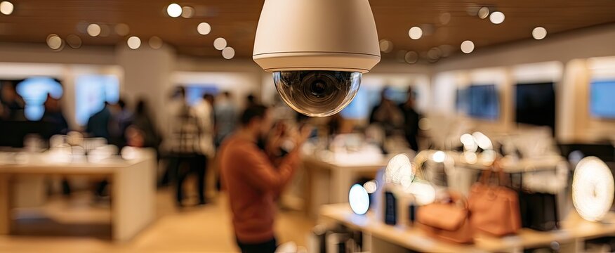 Security camera observes shoppers in a modern retail store