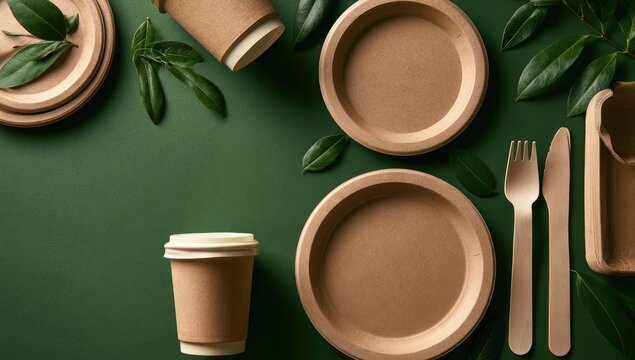 Eco-friendly disposable tableware and foliage arranged artistically on a green background
