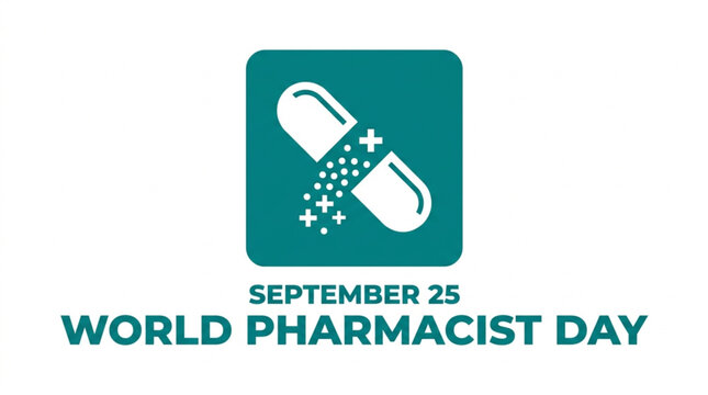 Minimalist World Pharmacist Day logo banner featuring open pill capsule icon with sparkling powder effect