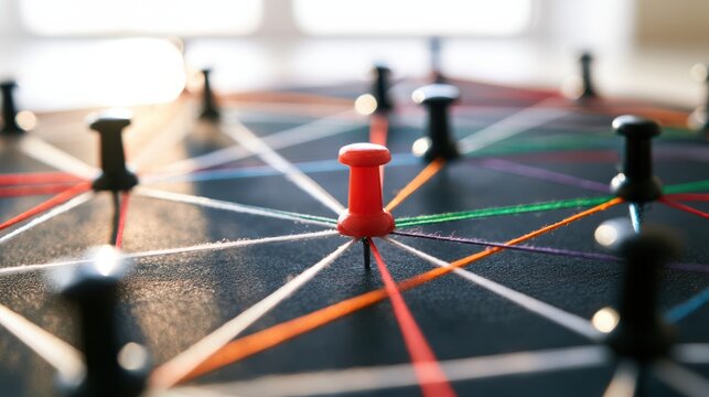A red pushpin connected by colorful strings to multiple black pushpins on a board, illustrating network or connection concepts.