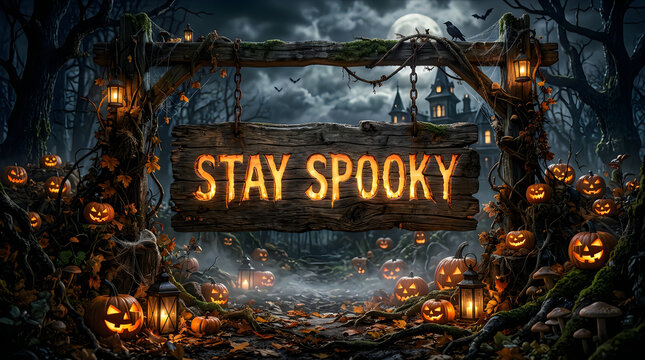 stay spooky halloween wooden sign with glowing letters surrounded by pumpkins in a haunted forest.