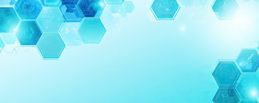 Abstract digital hexagons with glowing blue and cyan light against a bright background