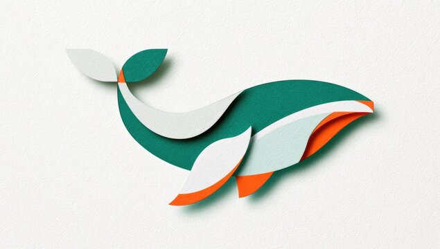Paper-cut art featuring a stylized whale in teal, white, and orange hues